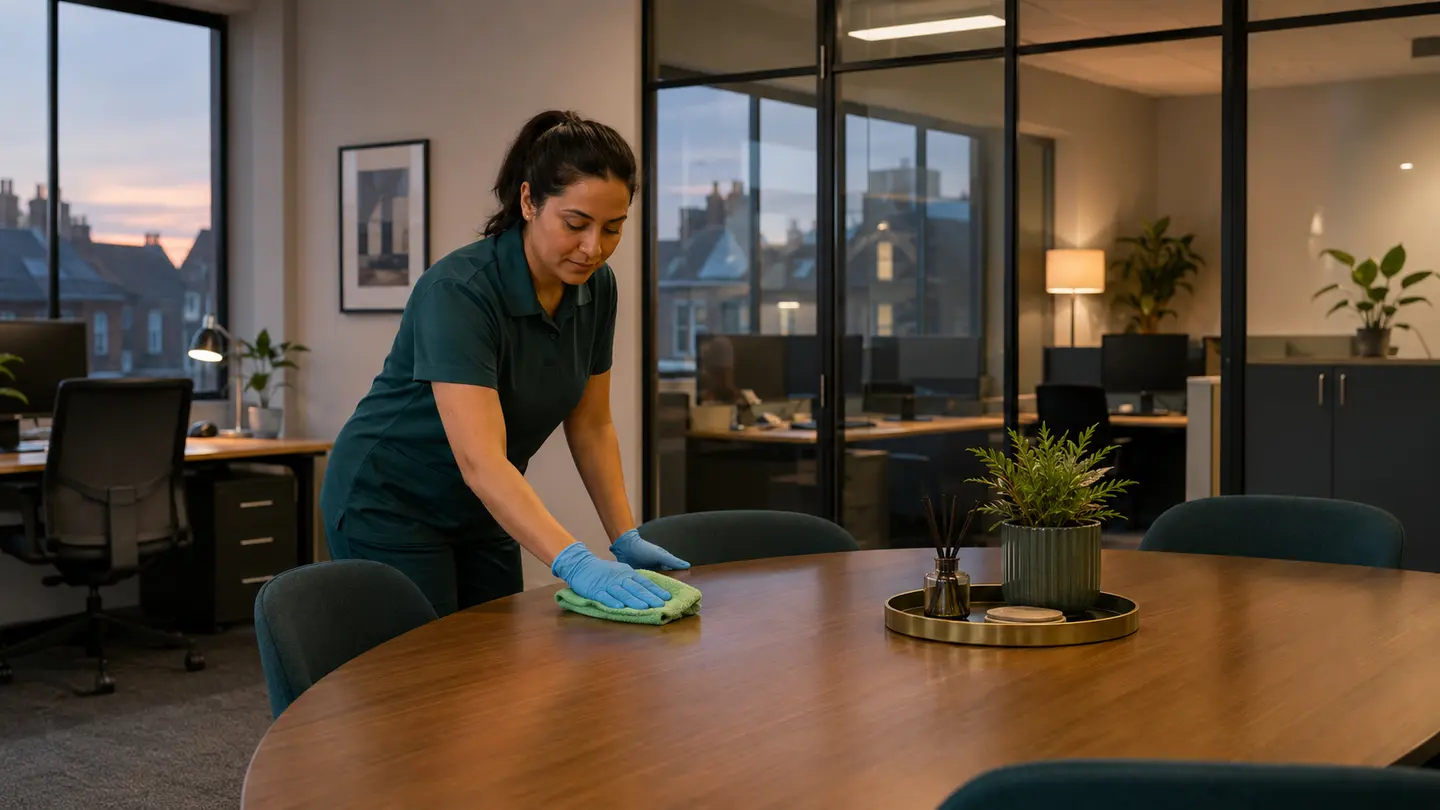 A professional cleaner wiping a meeting table in a modern office