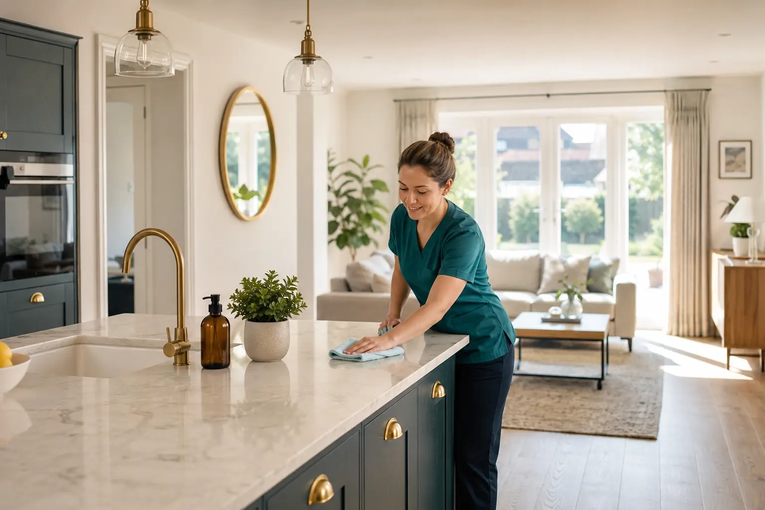 A professional cleaner wiping a kitchen worktop in a bright, tidy home