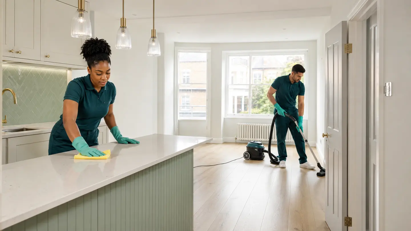 Two professional cleaners carrying out a detailed property clean